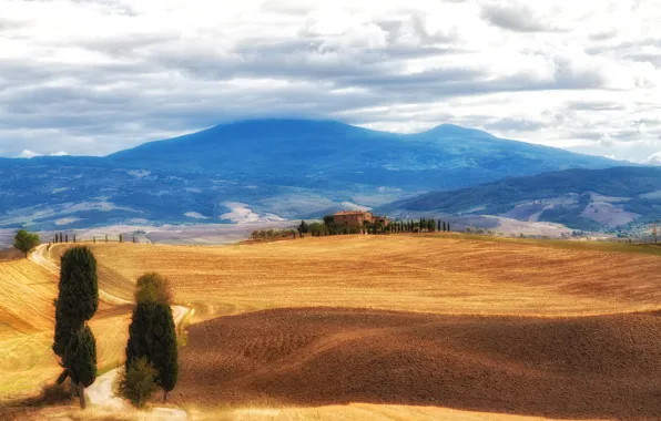 Картинка небо, облака, холмы, поля, Италия, леса, Тоскана, дивный пейзаж