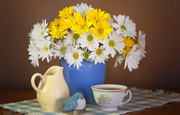 Картинка цветы, стиль, фон, чай, ромашки, букет, кружка, чашка
