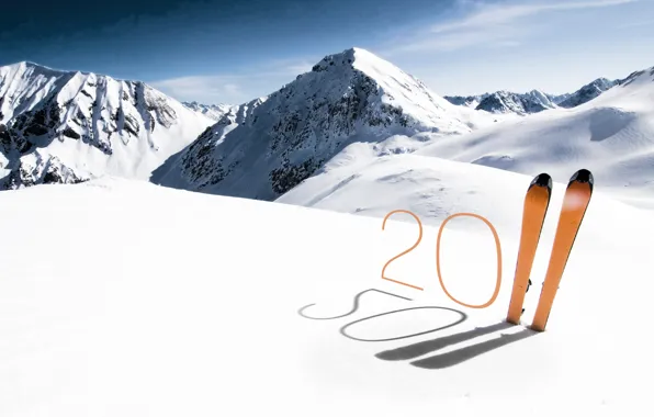 Картинка снег, горы, лыжи, новый год, цифры, 2011, год кошки, год кролика