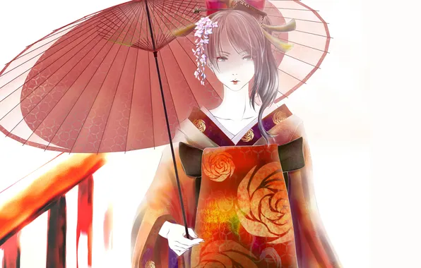 Картинка девушка, цветы, зонт, кимоно, Гейша