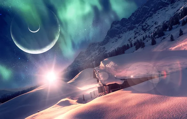 Картинка зима, лес, снег, дом, планеты, dreamworld