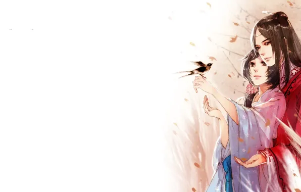 Картинка нежность, аниме, арт, пара, птичка, двое