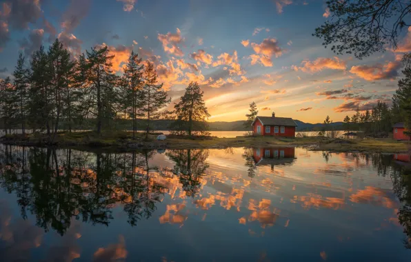 Озеро, отражение, вечер, Норвегия, домик, Ringerike