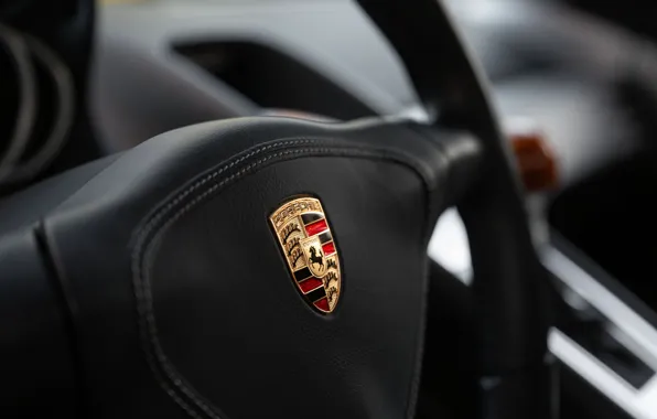 Porsche, logo, close-up, Porsche Carrera GT, steering wheel