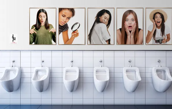 Woman, humor, toilet, public restroom, urinal