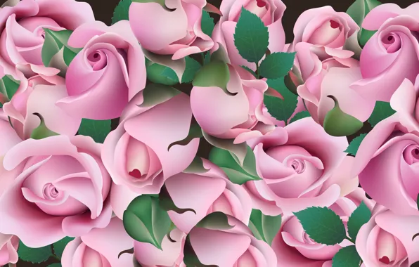 Листья, цветы, рендеринг, розы, бутоны, flowers, leaves, rendering