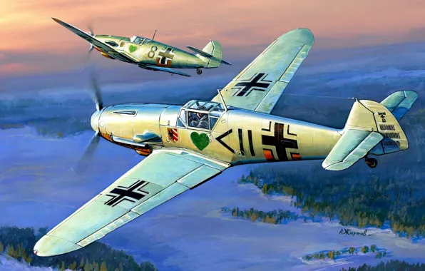 Картинка самолет, рисунок, вторая мировая, Ме-109, Luftwaffe, люфтваффе, мессершмитт, Bf -109F2