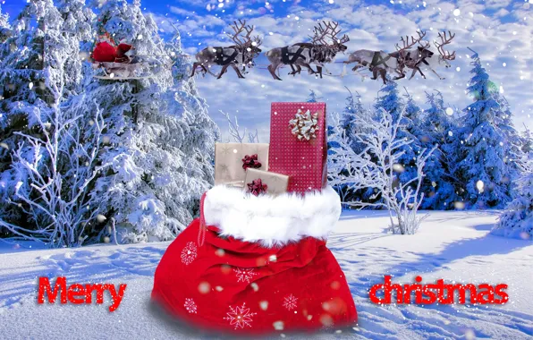 Зима, Снег, Рождество, Новый год, Санта Клаус, Олени, Merry Christmas, Подарки