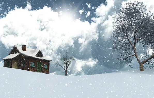 Картинка зима, небо, солнце, облака, снег, деревья, пейзаж, снежинки