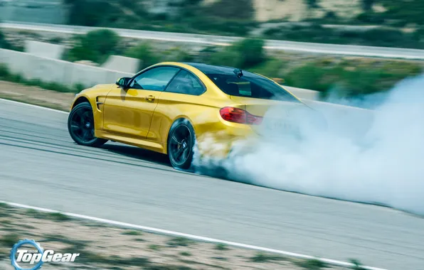 Картинка BMW, Top Gear, Car, Yellow, Smoke, Sport, Track, Rear