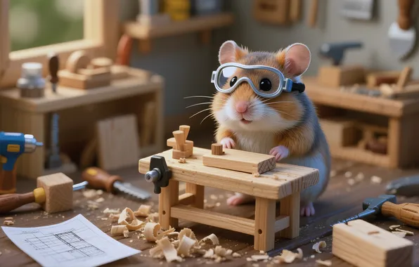 Картинка Hamster, tools, Workshop, carpenter
