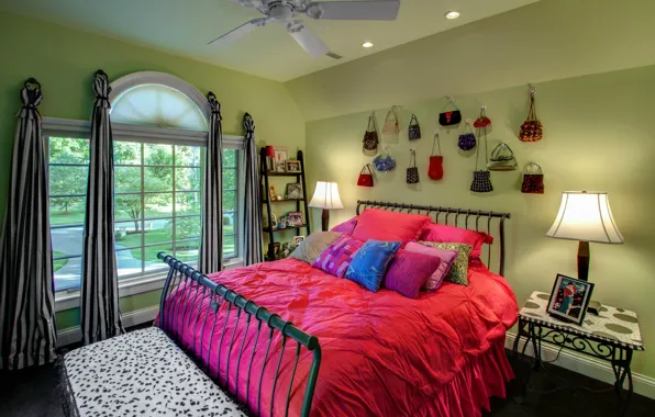 Дизайн, уют, фон, комната, розовый, обои, лампа, кровать