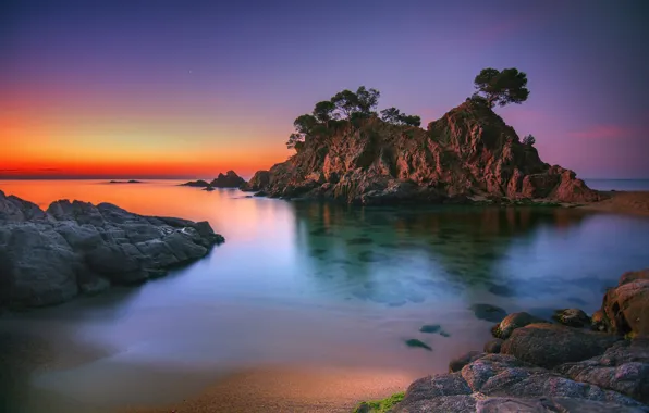 Картинка море, деревья, пейзаж, закат, камни, скалы, рассвет, Испания
