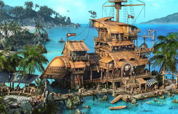 Картинка море, пальмы, корабль, пушки, лодки, флаг, пираты, форт