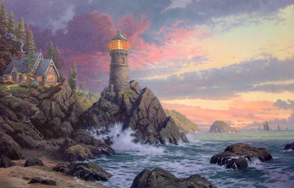 Картинка волны, скала, дом, океан, маяк, вечер, waves, rock