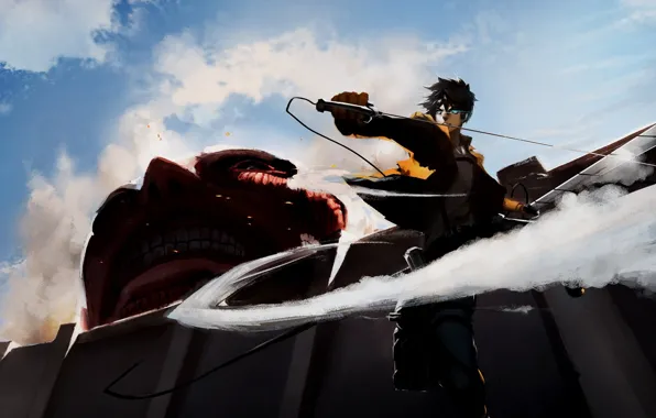 Картинка небо, стена, арт, титан, вторжение гигантов, атака титанов, Shingeki no Kyojin, эрен джагер