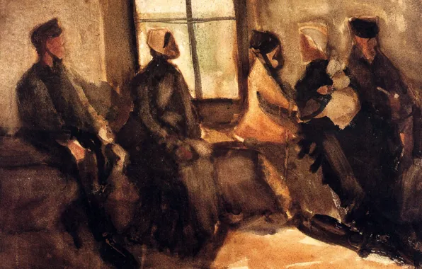 Картинка девушки, окно, парень, Vincent van Gogh, Waiting Room