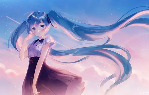 Девушка, ветер, Hatsune Miku, Vocaloid, Вокалоид, голубые волосы, Хатсуне Мику, хвостики