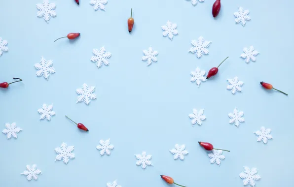 Зима, снежинки, фон, голубой, Christmas, blue, winter, background