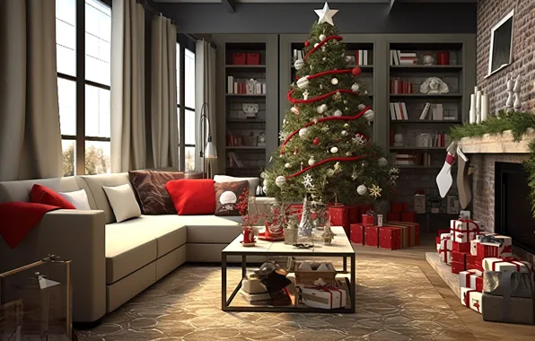 Комната, indoor, интерьер, подарки, snow, Новый Год, interior, зима
