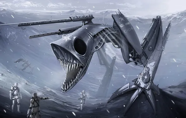 Картинка снег, робот, монстр, арт, пасть, солдаты, клыки, Jon Bethea