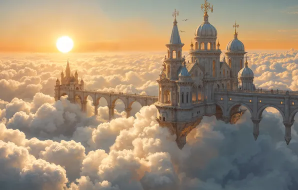 Небо, солнце, облака, свет, мост, туман, замок, рассвет
