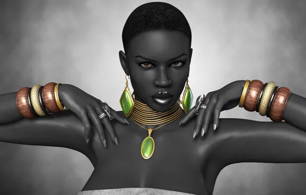 Картинка девушка, рендеринг, руки, кольцо, черная, украшение, браслеты, афро