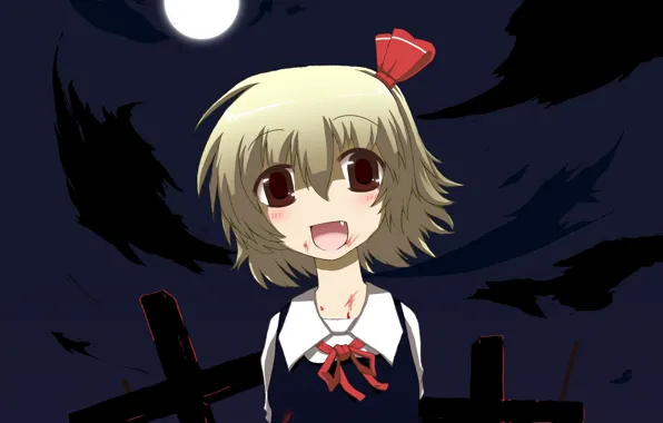 Картинка полнолуние, малышка, rumia, темная ночь, touhou project, кровь на лице, by Nejime