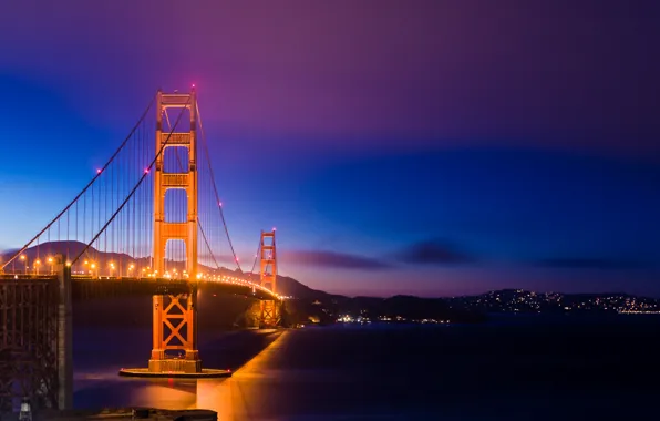 Небо, ночь, мост, огни, освещение, подсветка, Калифорния, Сан-Франциско