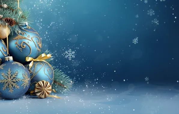 Картинка зима, снег, украшения, фон, шары, Новый Год, Рождество, golden
