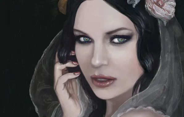 Картинка взгляд, девушка, цветы, волосы, рука, арт, зеленые глаза