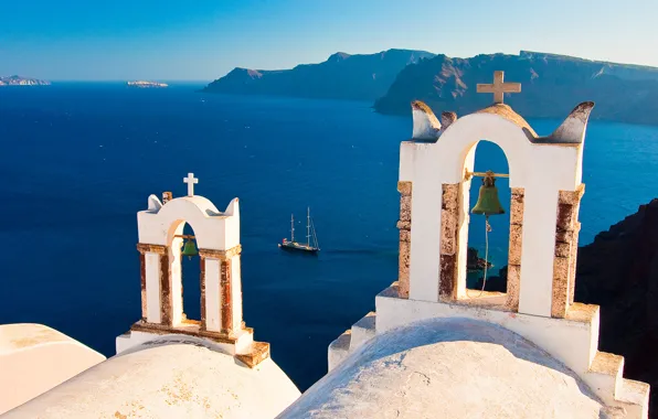Картинка острова, яхта, Санторини, Греция, колокола, Santorini, Oia, Greece
