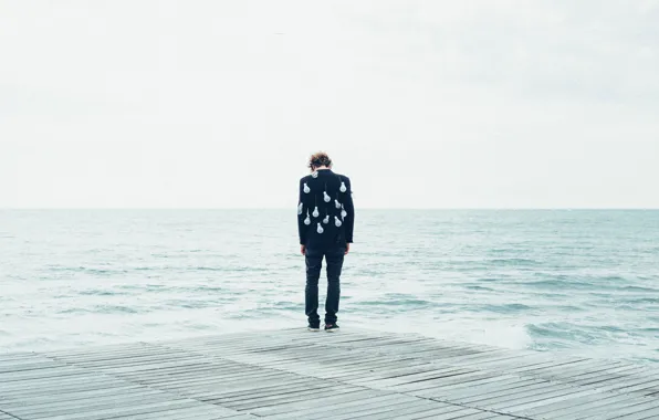 Sad, sea, ocean, seascape, man, pier, bulb jacket