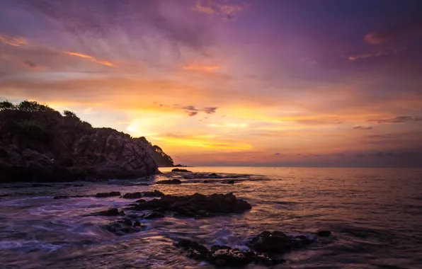 Картинка пляж, скала, океан, рассвет, Мексика