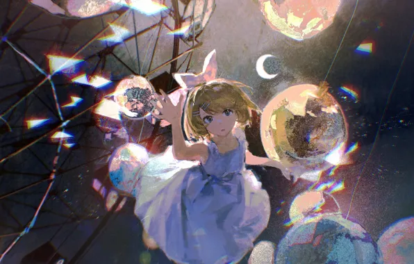 Девушка, шарики, отражение, Vocaloid, колесо обозрение, полумесяц, Кагамине Рин, Saclia