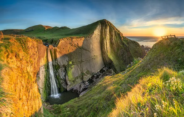 Море, небо, солнце, скалы, побережье, водопад, горизонт, Devon