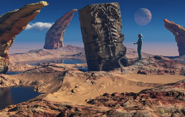 Планета, облако, водоём, монолит, The Red Planet