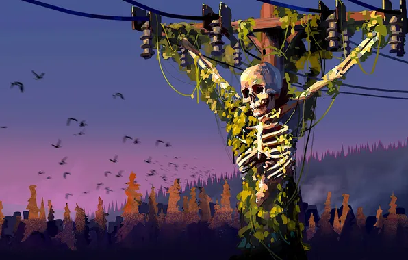 Skull, fantasy, forest, trees, mountains, leaves, birds, dawn