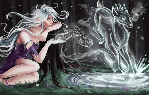 Картинка девушка, дым, арт, олени