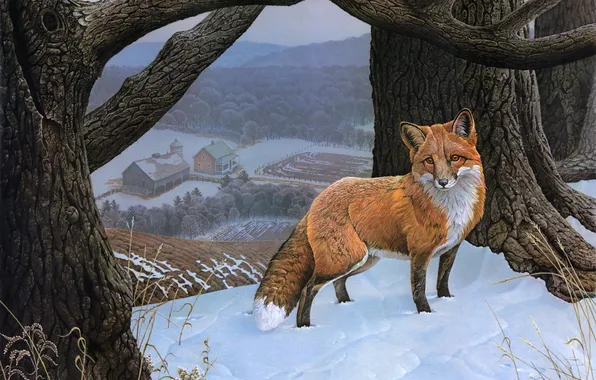 Картинка зима, поле, лес, снег, дом, лиса, рыжая, живопись