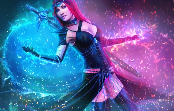 Картинка девушка, магия, свечение, меч, платье, рыжая