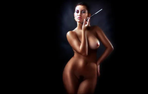 Девушка, Грудь, Girl, Обнаженная, Темный фон, Nude, Сигарета, Cigarette