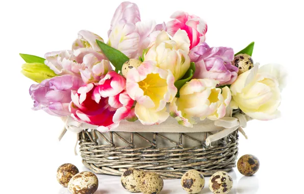 Картинка праздник, яйца, Пасха, тюльпаны, корзинка, перепелиные