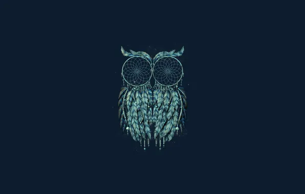 Сова, минимализм, синий фон, owl, ловец снов, dreamcatcher