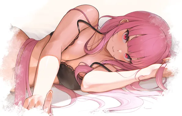 Red, girl, hot, sexy, bra, cleavage, pink hair, boobs