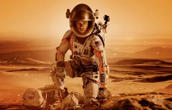 Картинка песок, фантастика, пустыня, планета, скафандр, шлем, сумка, Марс