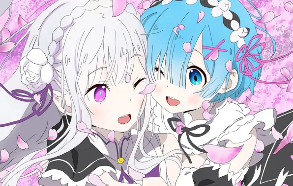 Девушки, лепестки, Эмилия, С нуля, Рем, Re Zero Kara Hajimeru Isekai Seikatsu