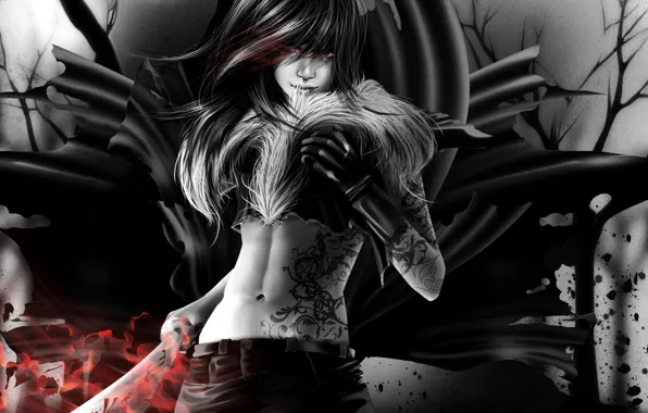 Картинка девушка, узор, меч, пирсинг, тату, арт, перчатки, вампир