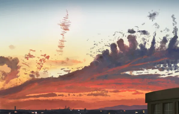 Небо, закат, огни города, by Banishment