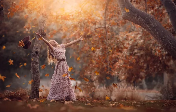 Осень, радость, листва, девочка, Jessica Drossin